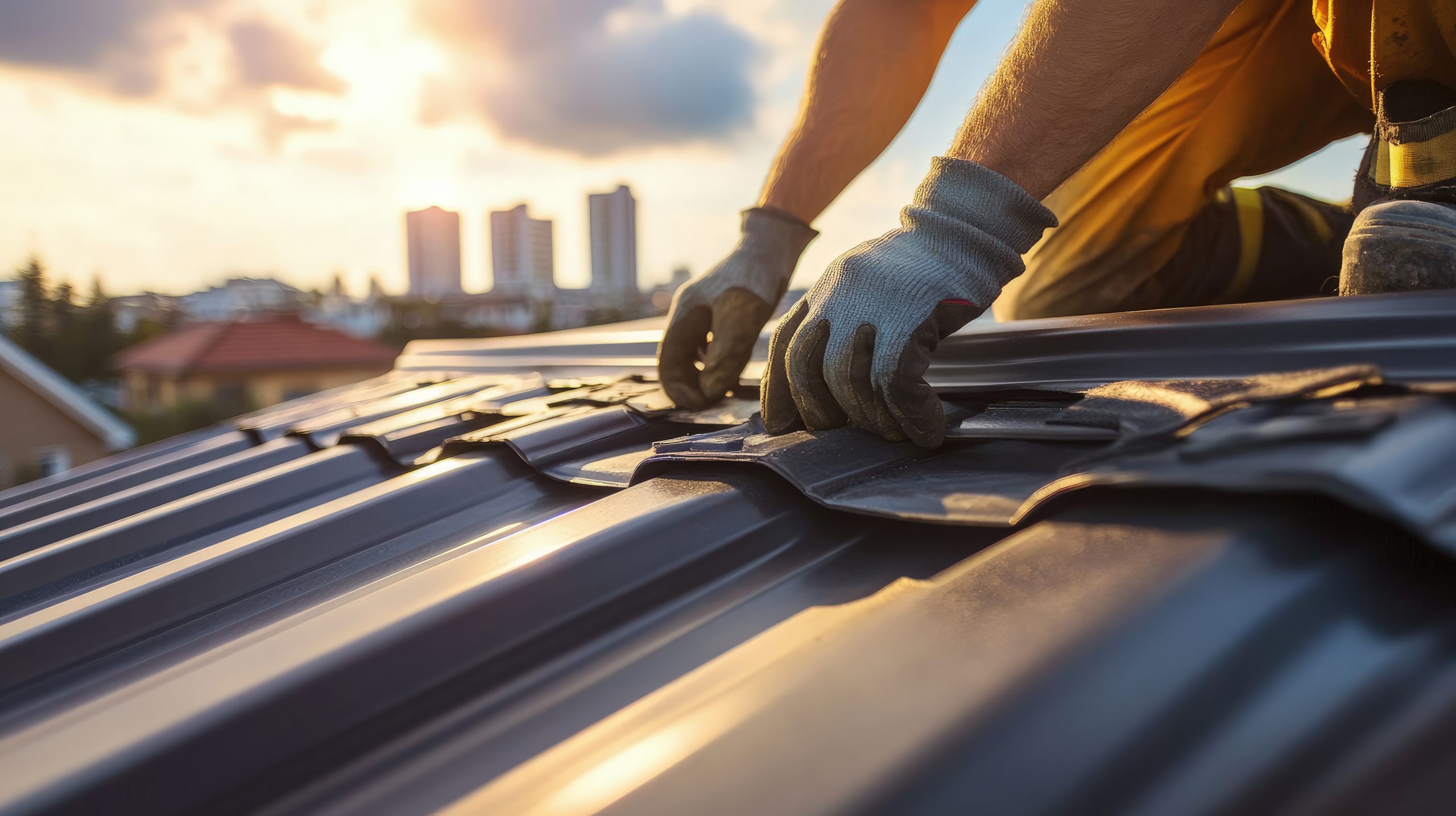 Gloved hands align roofing panels on a metal rooftop during a warm sunset